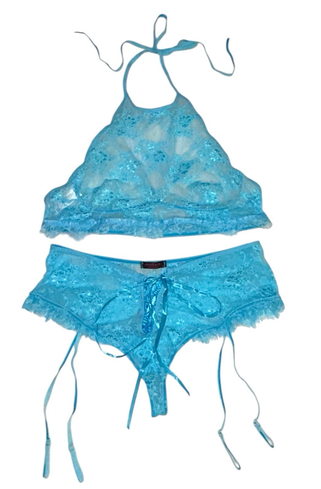 2PC AVIDLOVE Blue Shiny Silky Sheer Lace Garter Panties & Tank Bra Bralette XL