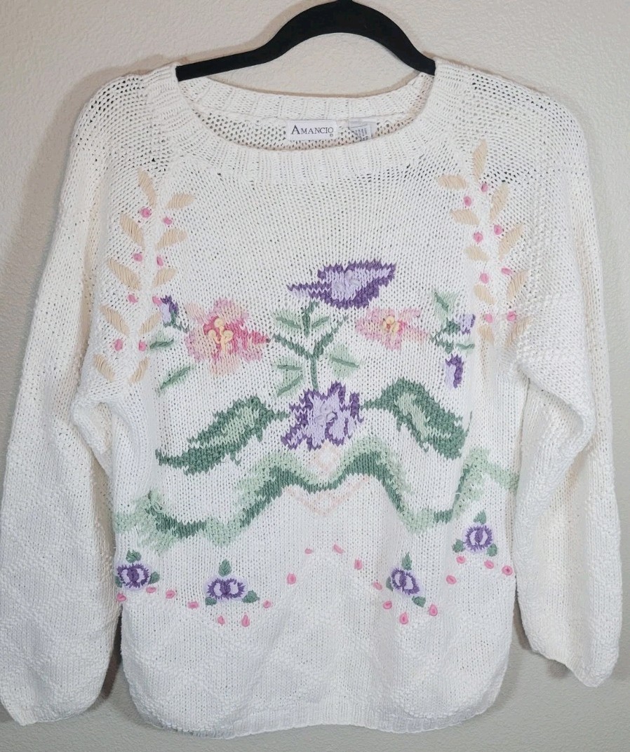 Amancio Floral Embroidered Knit Sweater Women’s Small Vintage Cottagecore Cotton