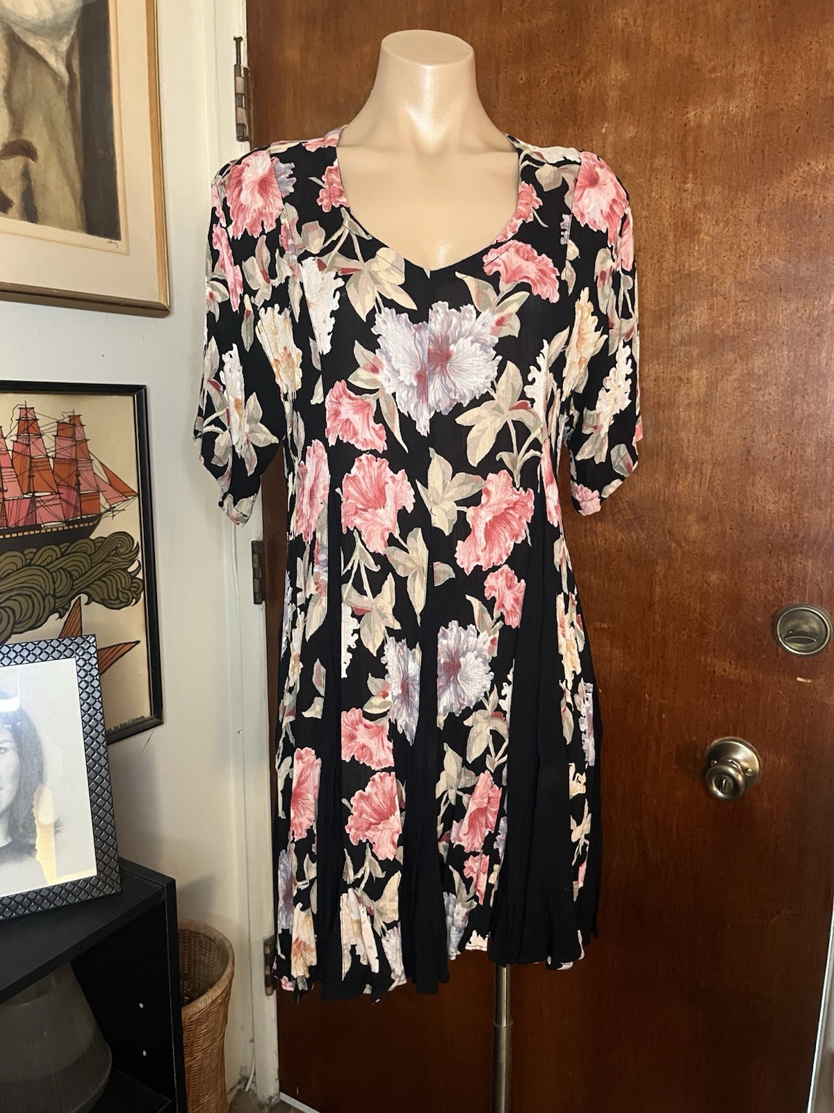 VTG Starina 90s Babydoll Dress in Black Pink Floral Whimsy Grunge Pull-Over~M