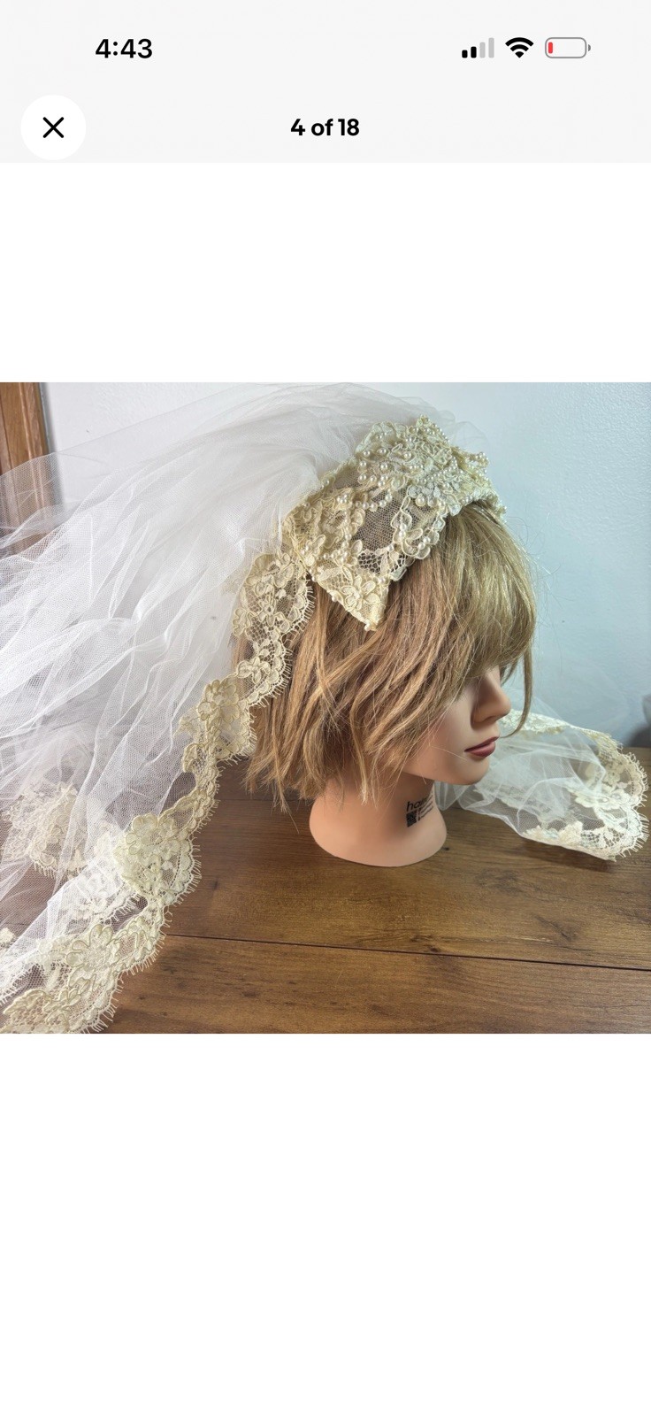 VTG 60s 70s Lace & Pearl Bridal Veil Juliet Cap Style Ivory Alencon Lace Tulle