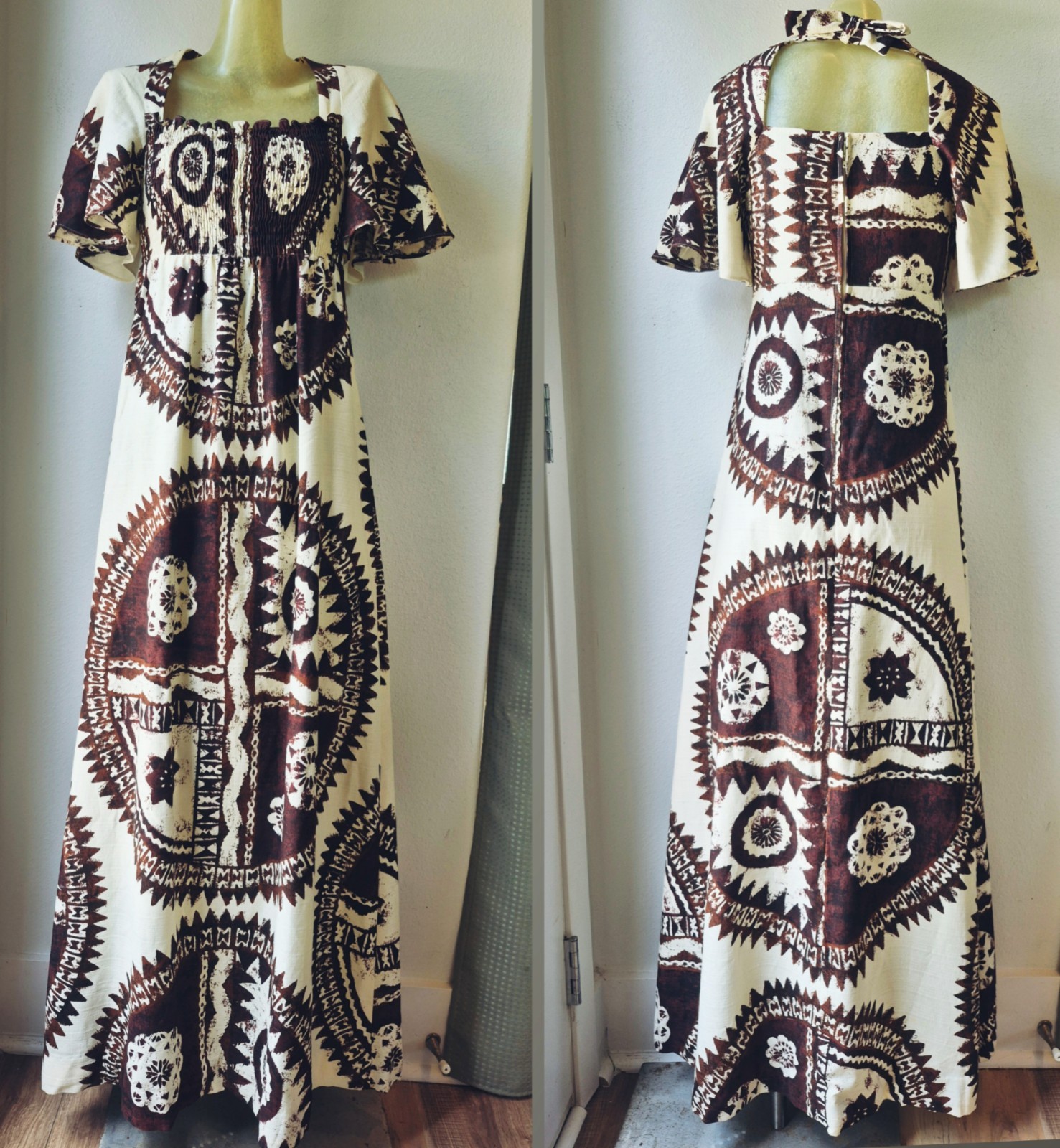 Waltah Clarke Hawaiian Flutter Sleeve Smocked Barkcloth Dress Block Print Sm Med