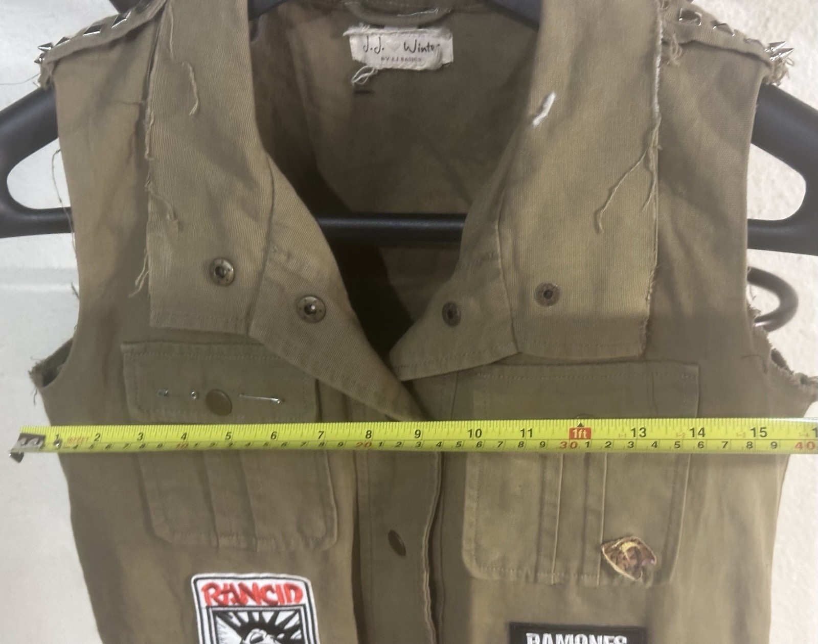 Ramones Rancid Khaki Utility Vest Patches Safety Pins Added Punk Clothes