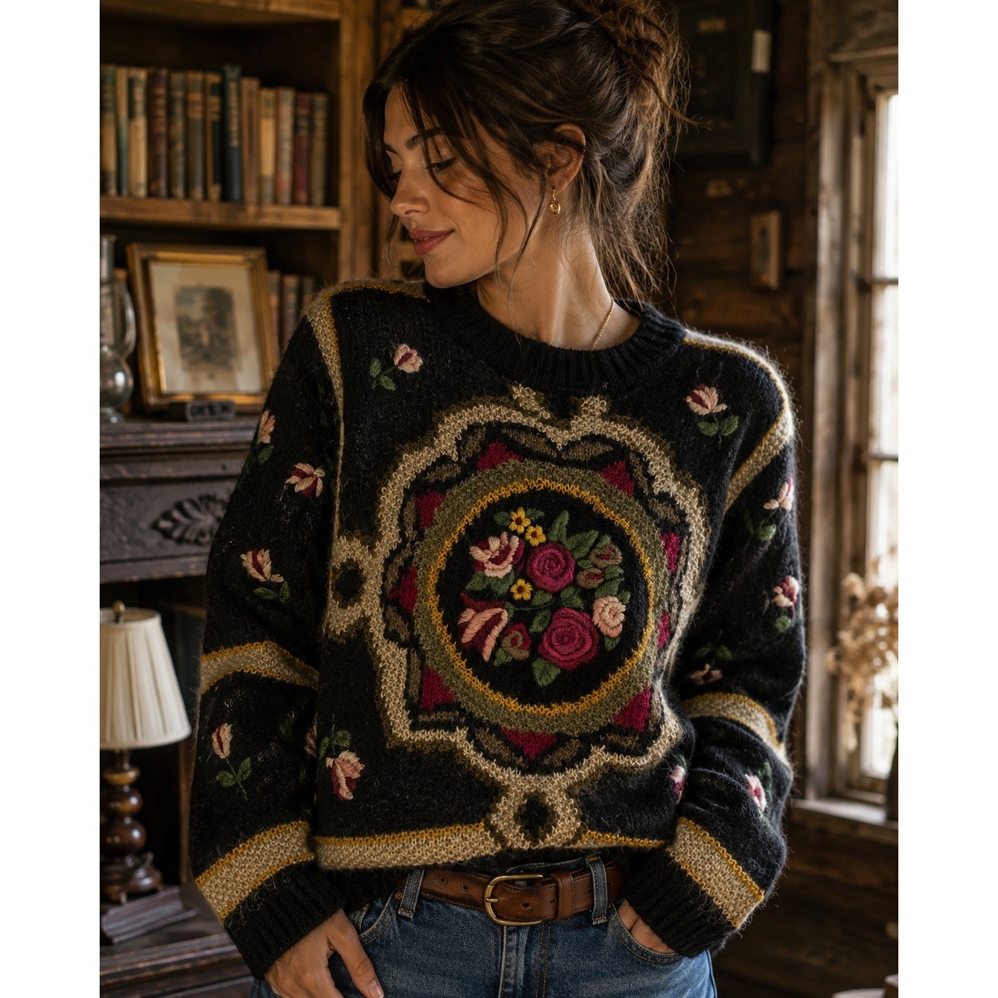 Siba Vintage Hand Knitted Mohair Floral Medallion Sweater Lined Black Mens M
