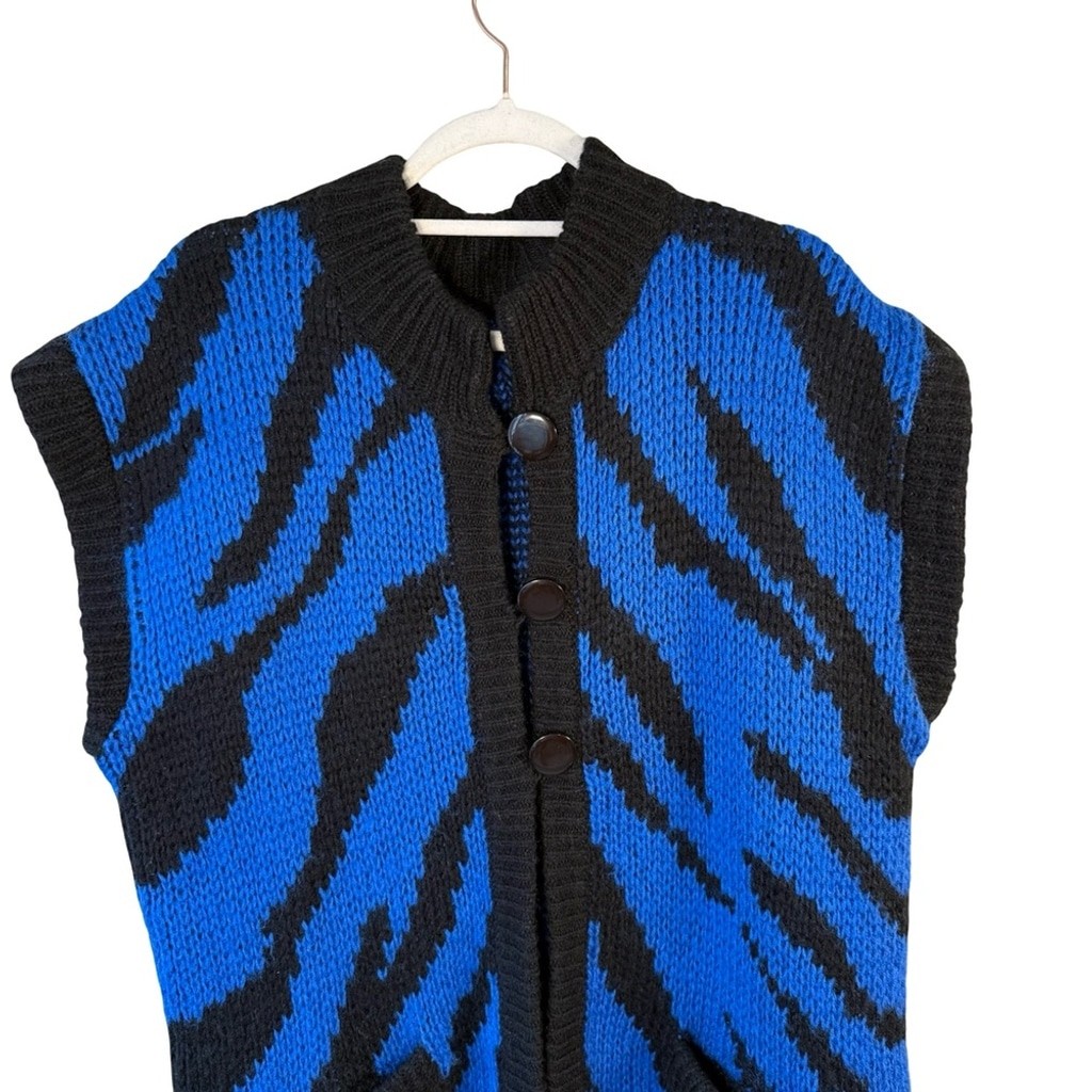 Blue and Black Handknit Zebra Cardigan Sweater Size L XL Y2K Chunky Oversized