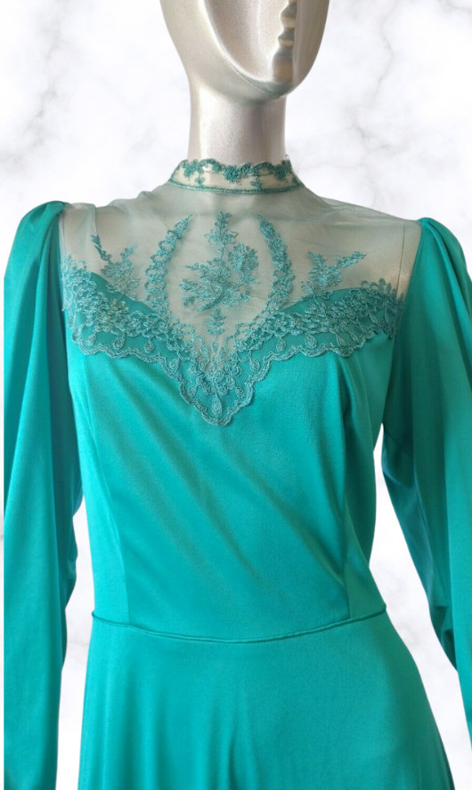 Vintage Unknown Brand Semi Sheer Long Sleeve Maxi Formal Prom Dress Green Sz Med