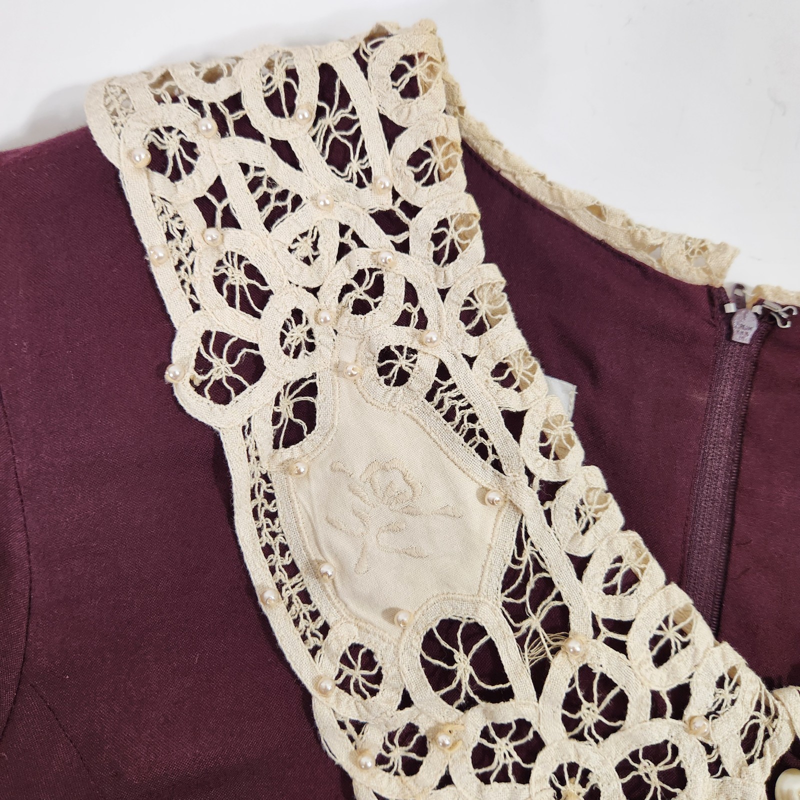 Vintage Plaza South Plus 20W Burgundy Prairie Midi Dress Lace Collar Cottagecore