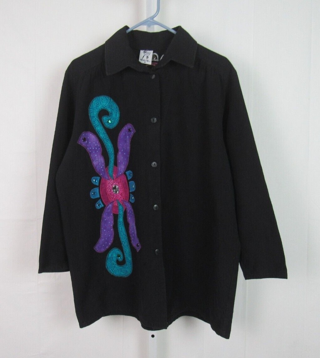 VTG 1970s 80s ALFREDO’S WIFE COTTON BUTTON FRONT SHIRT BLACK ETHNIC PATTERN SM