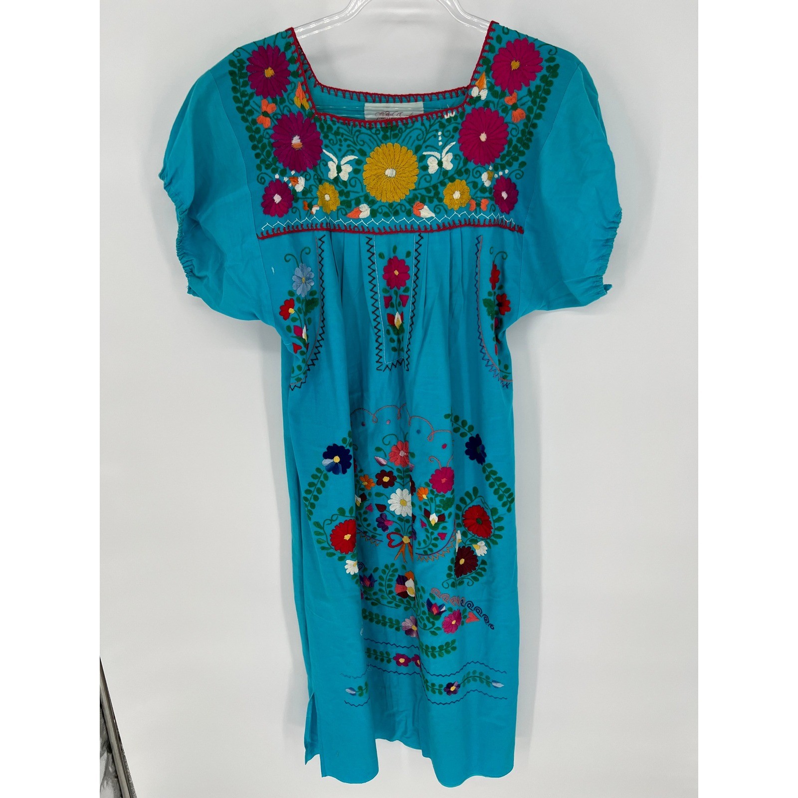Vtg Mexican Huipil Dress Size L Turquoise Floral Embroidered Puebla