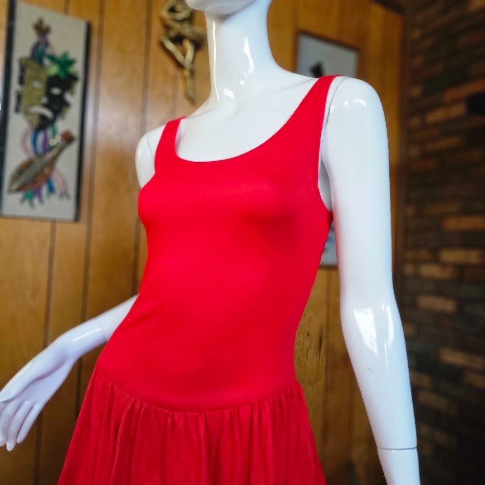Vintage 80s New Wave Punk Cherry Red Tiered Ruffle Skirt Tank Top Day Dress M