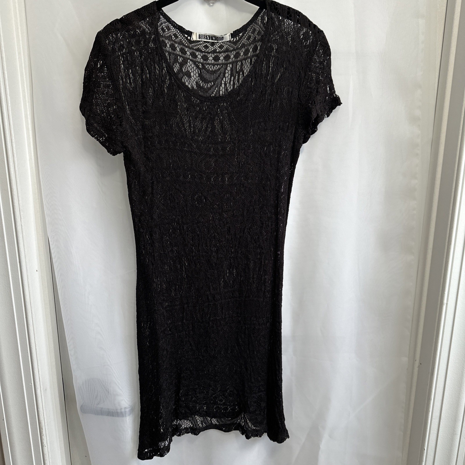 Vintage Brentwood Black Lace Overlay Dress Sheer Crochet Knit Short Sleeve