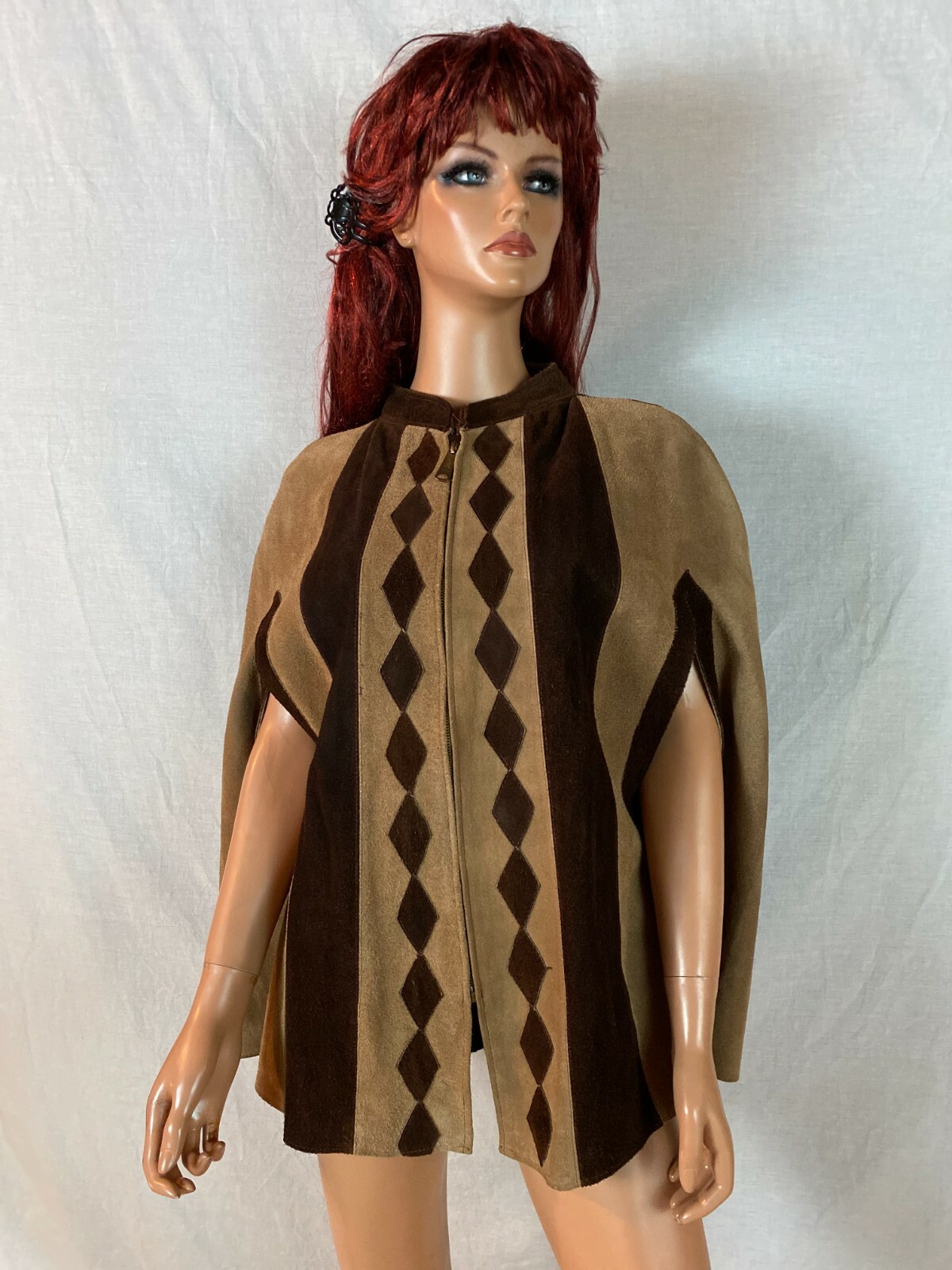 Vtg 60-70s Cape Poncho Coat 2 Tone Brown Diamond Art Love Zip Birds Back Hippy S