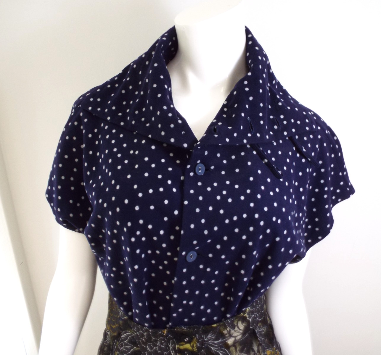 Vintage 1990s Yohji Yamamoto Navy Blue Polka Dot Blouse Medium Cupro Tall Collar
