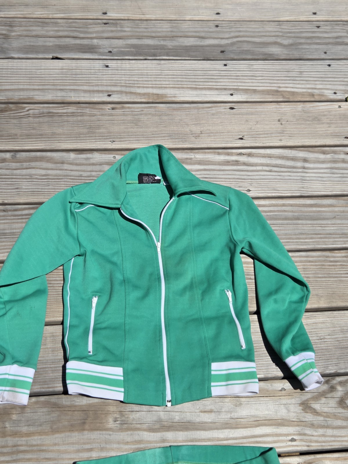 Vintage 1970s Green Track Suit Womens M Bell Bottom Pants Disco Zip Jacket Retro
