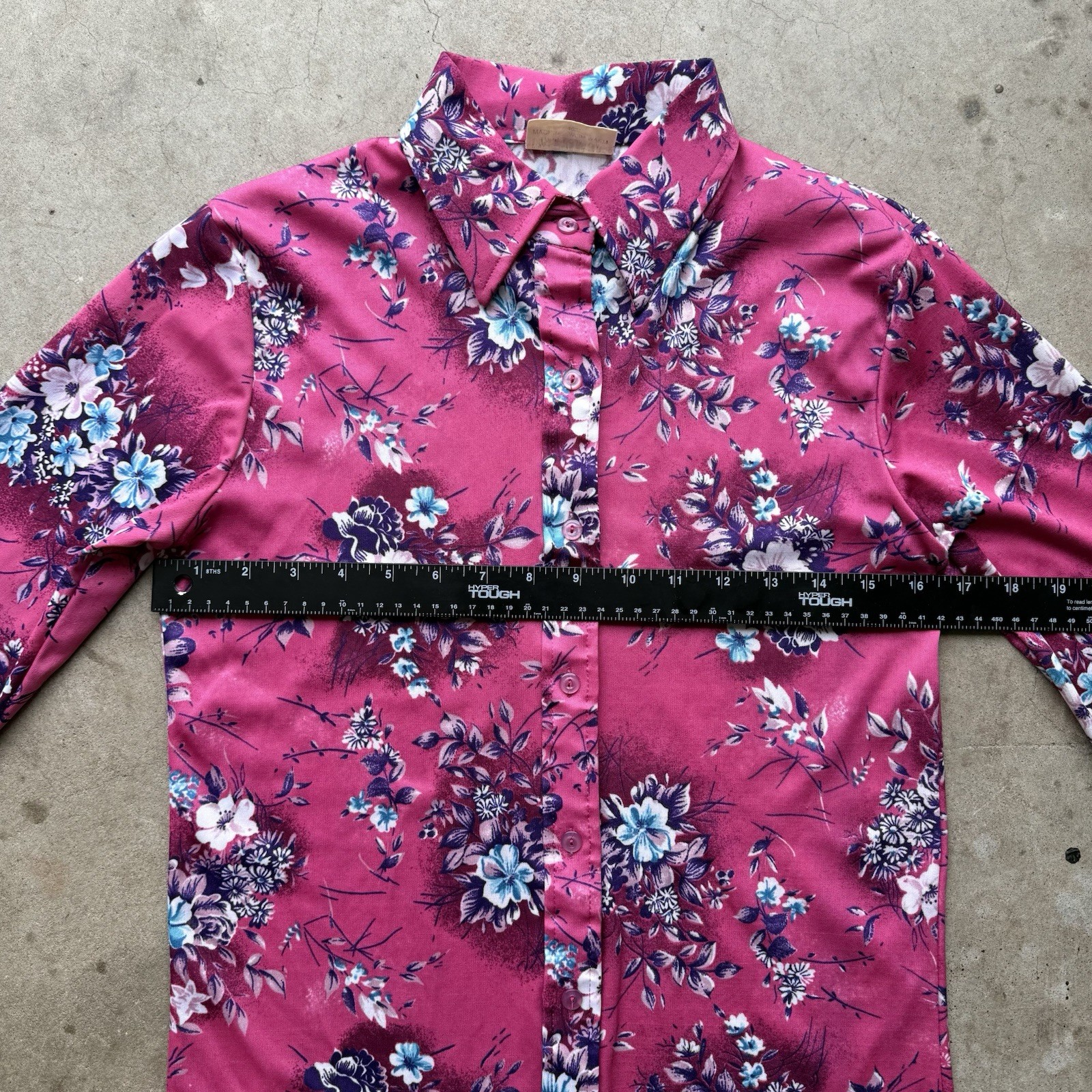 Disco Retro Vintage 70s Floral Blouse Pink Fuchsia Button Up Polyester Womens M