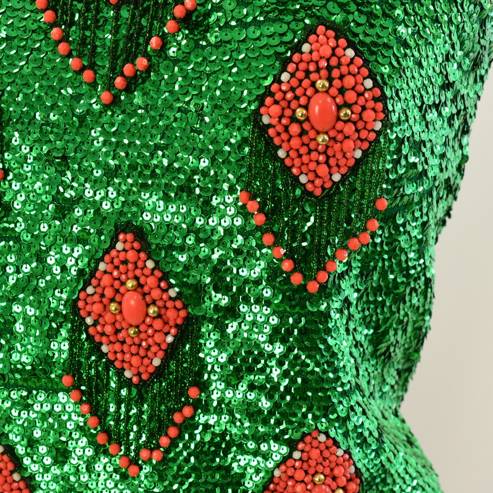 50s Vintage Beaded Sequin Wool Top Womens S Green Coral Rockabilly Cocktail Tank
