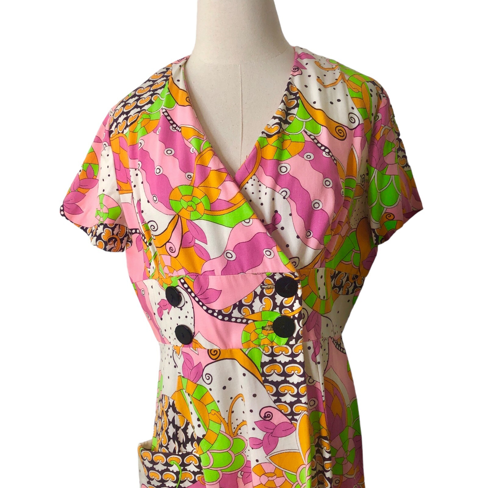 Evelyn Pearson Womens Vintage 60s Wrap Lounge Dress Medium Pink Green Mod Maxi