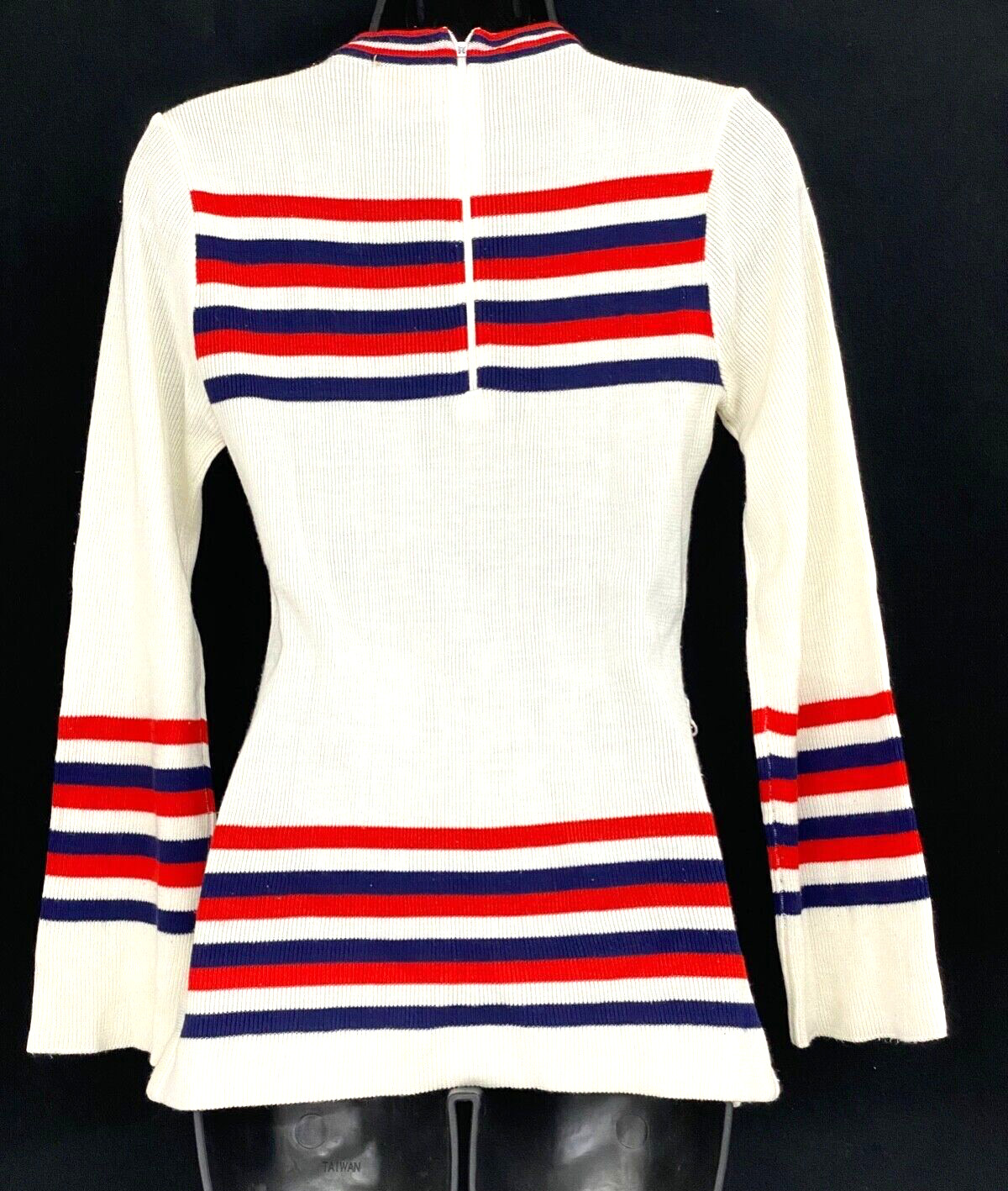 Vintage 1970s white sweater, red blue stripes bell long sleeves boho acrylic S