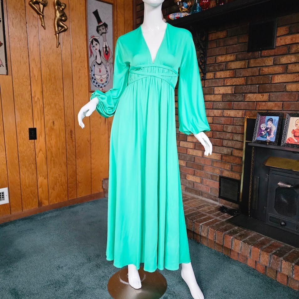 Vtg 70s Rizkallah Plunging Neck Grecian Boho Goddess Hostess Maxi Dress Gown S