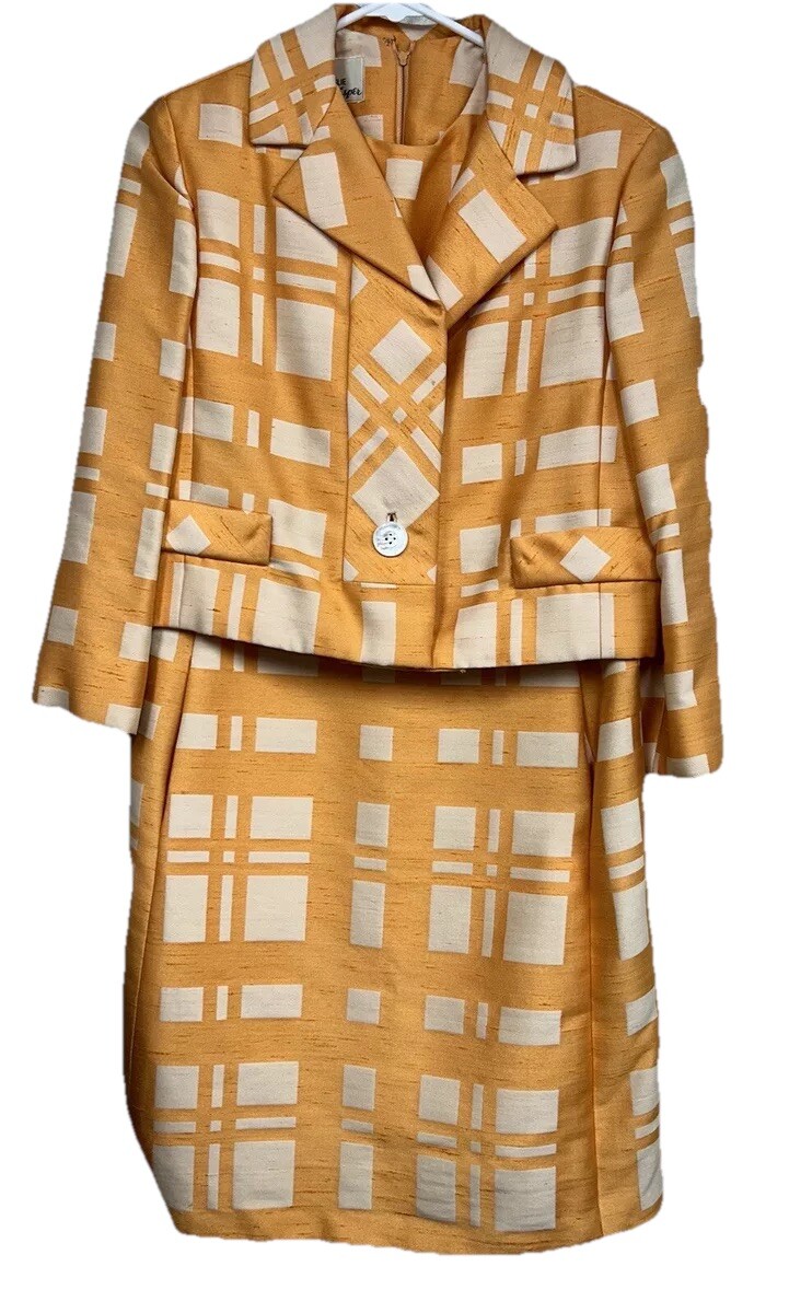 Joan Leslie Kasper Vtg 1960s Silk Dress & Jacket USA Orange White !!EXQUISITE!!