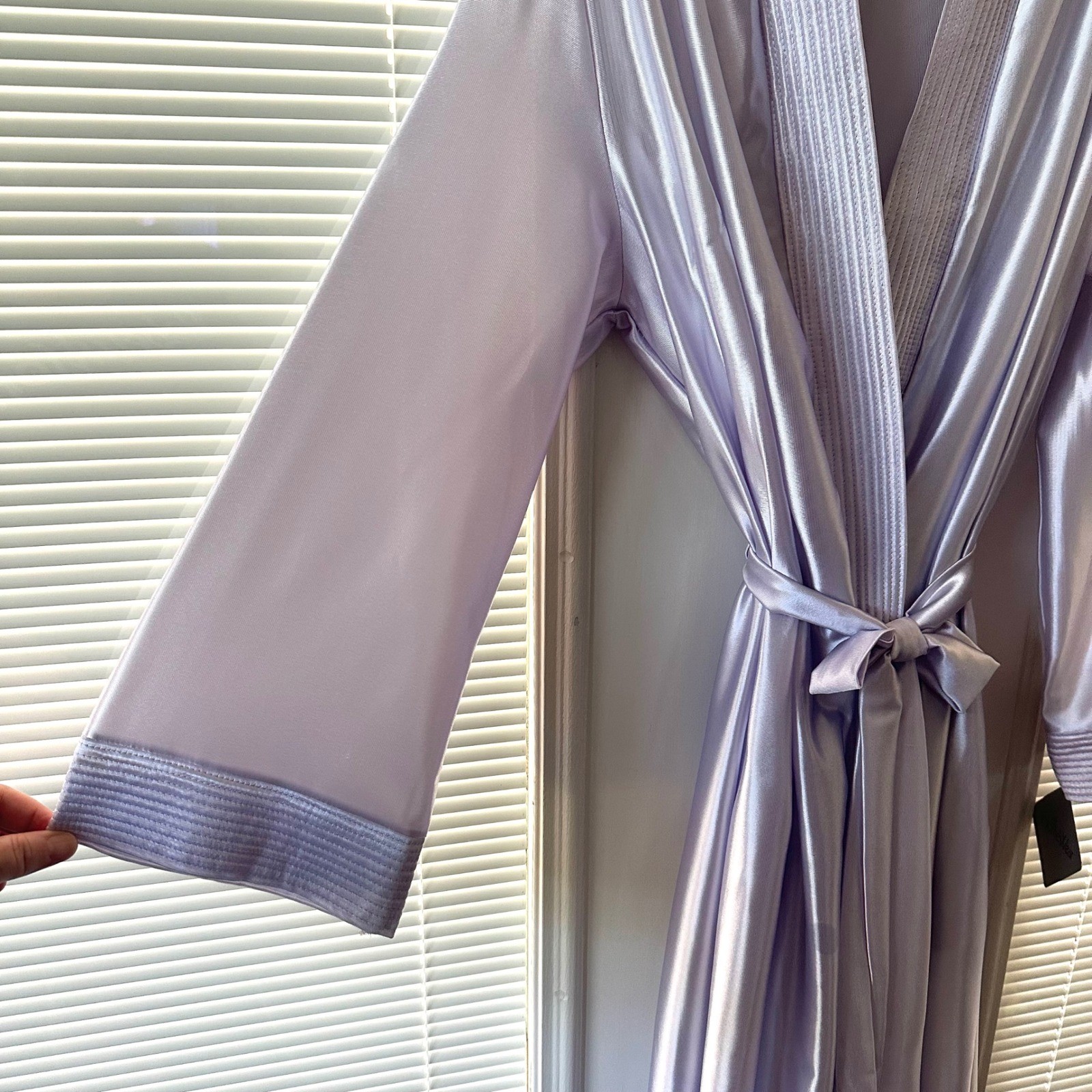 Vintage NWT At HomeWear M Robe Pockets Lavender Satin Floor Length Long Maxi USA
