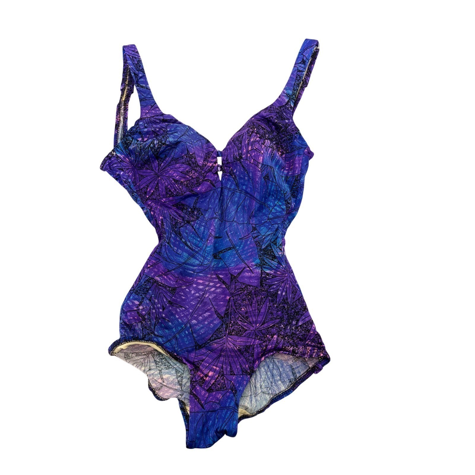 Vintage 70s Roxanne Blue Leaf Print One Piece Swimsuit Size 10/32 B Underwire