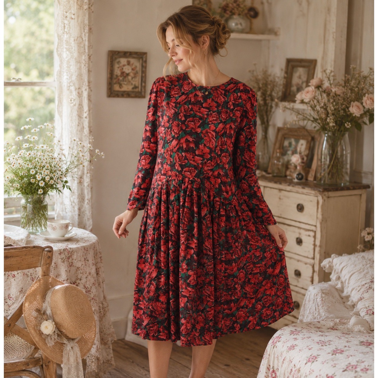 Maggy London Petites Silk Floral Rose Drop Waist Dress Vintage 80s 10 Romantic
