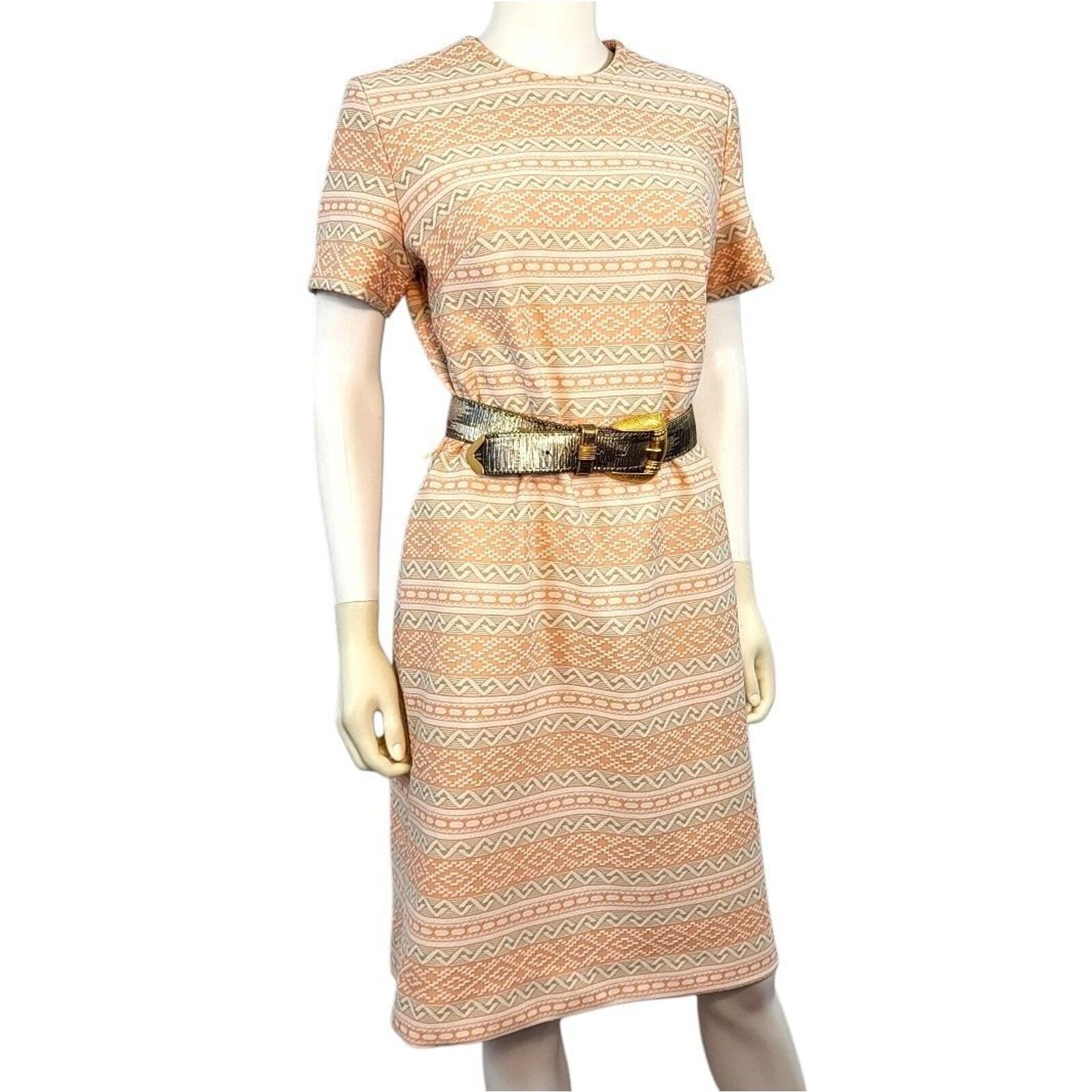 70s Lady Carol Orange Sherbet Tan Geo Print Poly Knee Length Shift Dress Large
