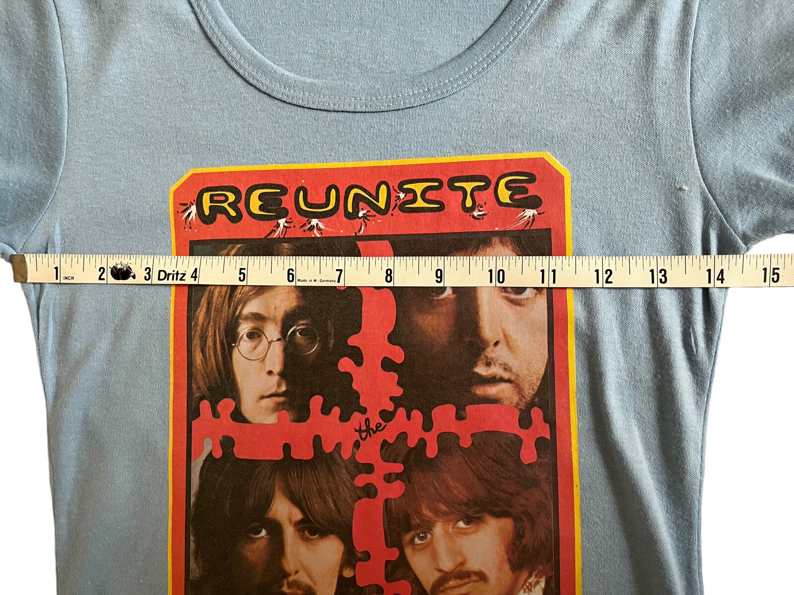 VTG BEATLES Reunite 1976 Tee T shirt Top Women Blue French tee Size Small
