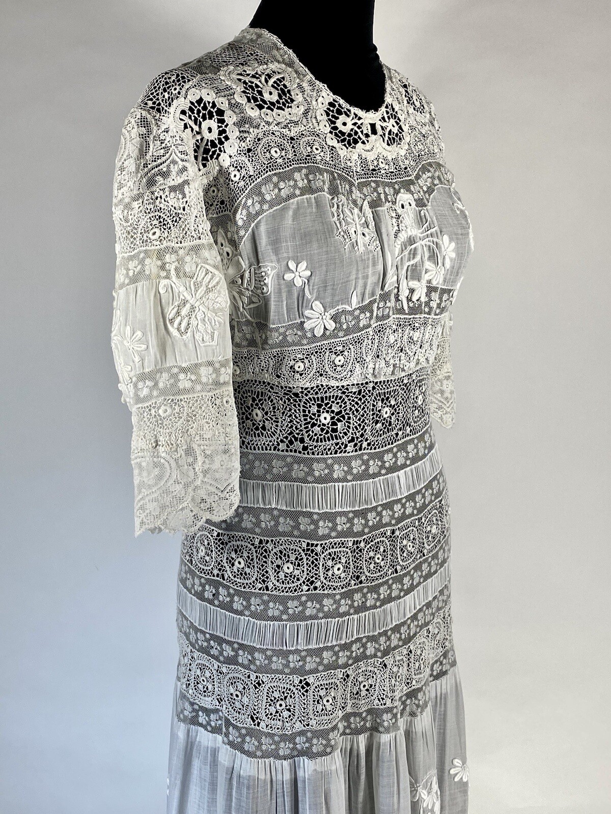 Antique late Victorian-Edwardian intricate pieced lace sheer wedding gown dress