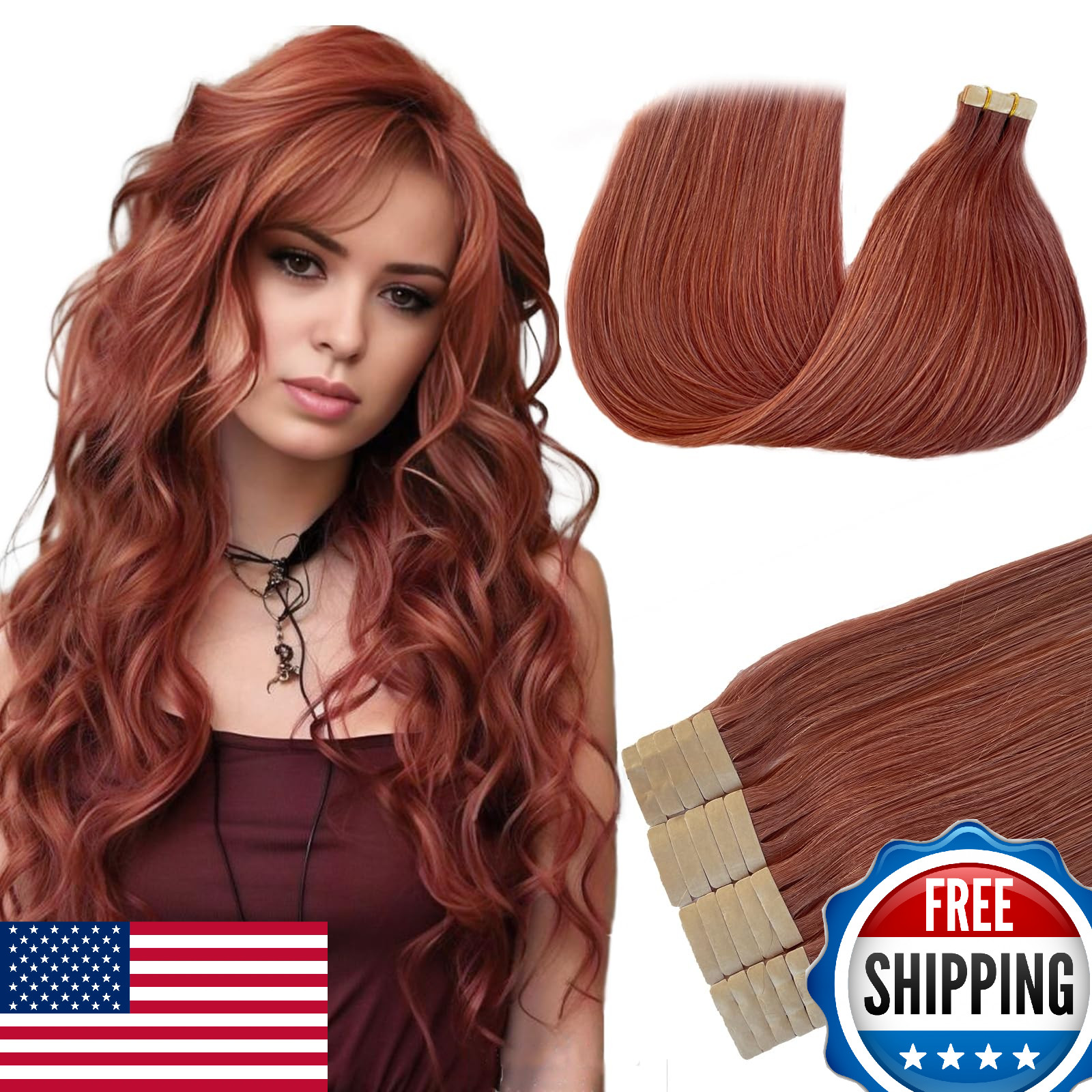 24″ Tape In Human Hair Extensions #14 Auburn 20pcs Straight 9A Remy