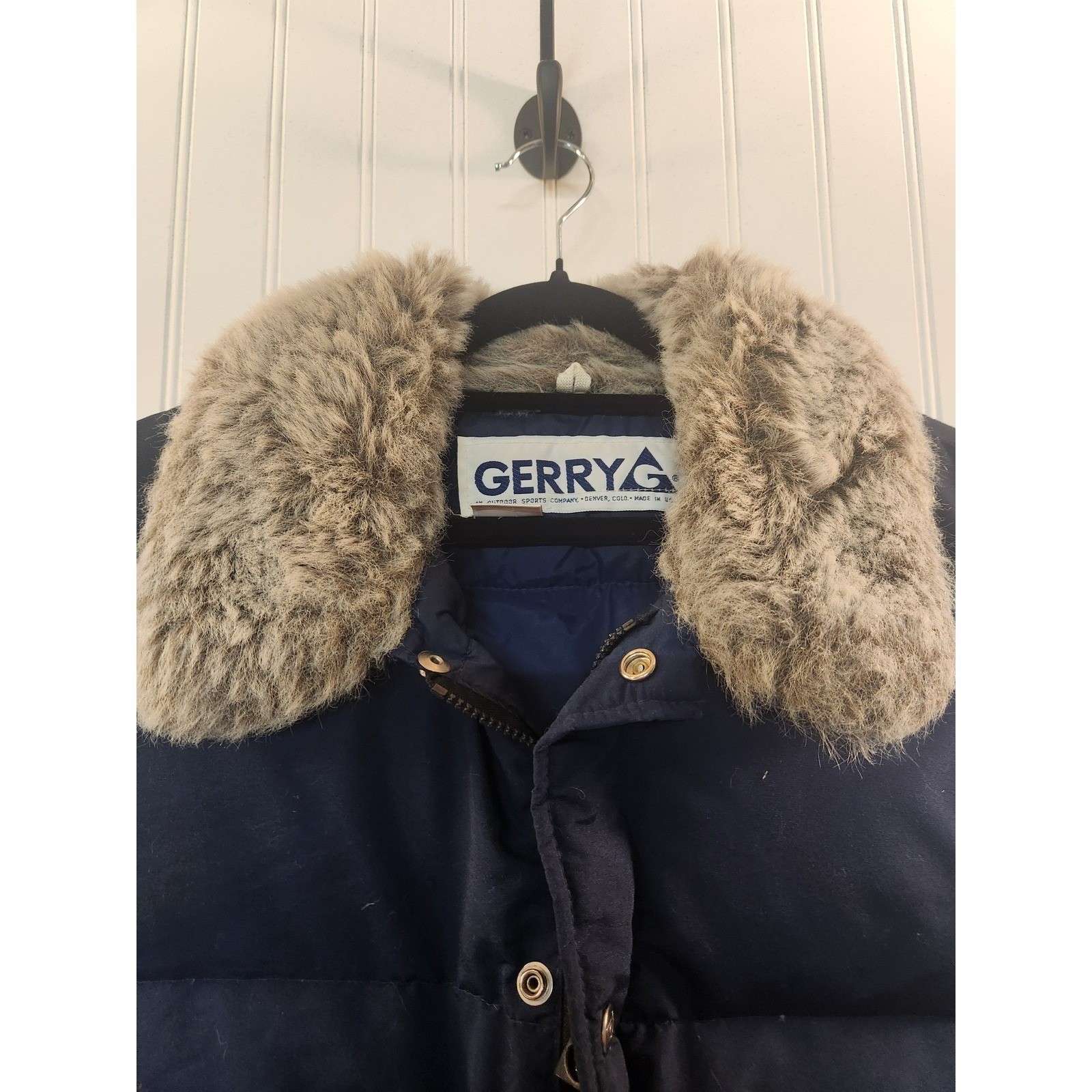 Vintage Gerry Women Down Filled Puffer Vest Blue Faux Fur Collar Cozy Size L