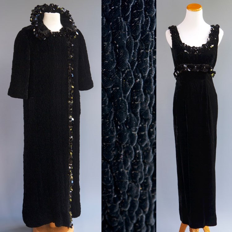 VTG 50s Black Silk Rayon Velvet 2p Set Dress Hand Quilted Pucker Opera Coat S