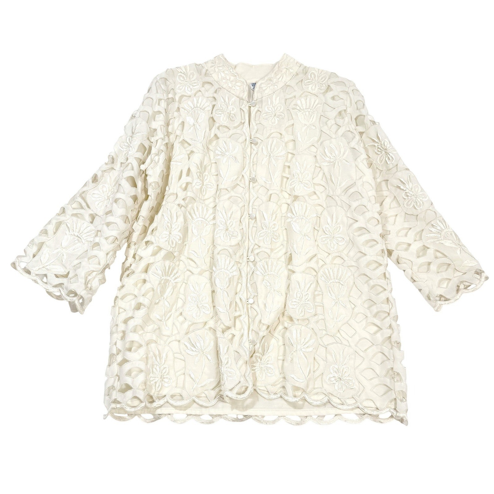 VTG Foreign Look Cream Floral Cutout 70s Retro Embroidered Blouse Top L Ivory