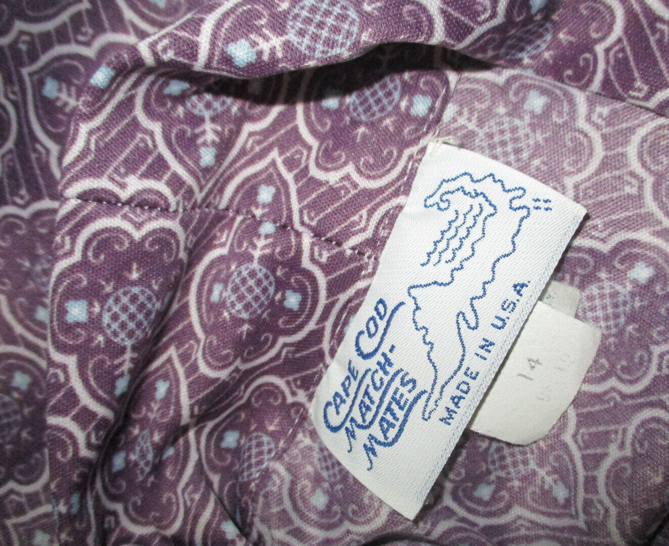 Vitg 80s Cape Cod Match Mates Purple Print Long Slv Top Size 14 Made in USA