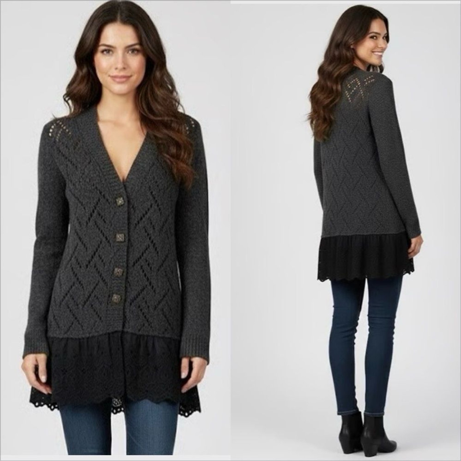 Free People pointelle knit cardigan charcoal gray with black eyelet lace trim XS