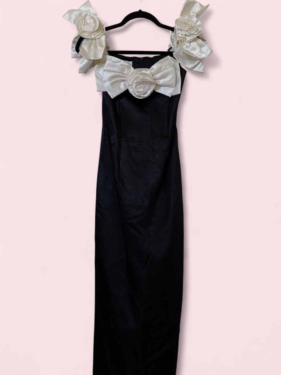 Vintage Jessica McClintock Black Satin Evening Gown With Classy White Bow Detail