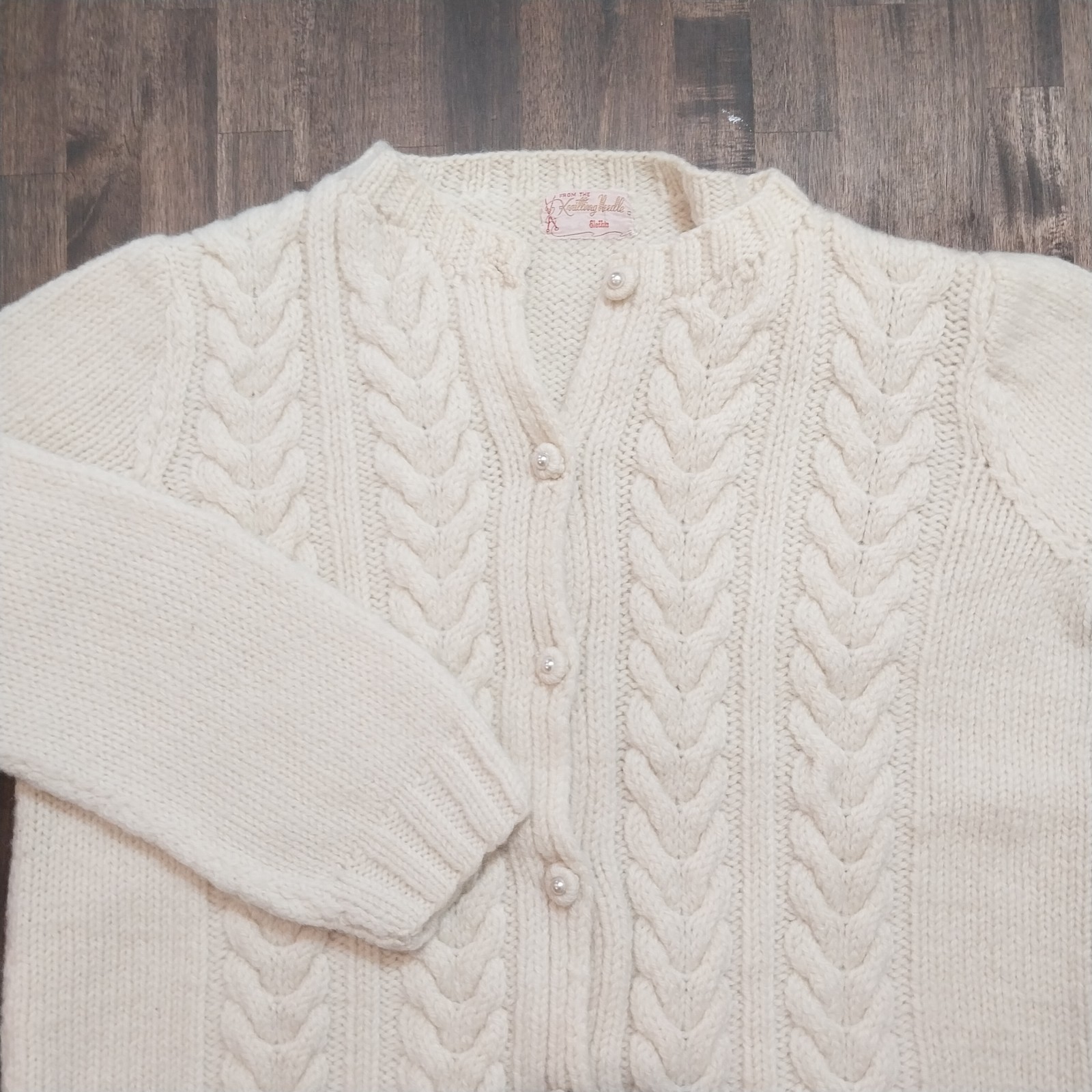 Vintage Cable Knit Sweater Cardigan S / M Cream Beige Hand Knit Pearl Button