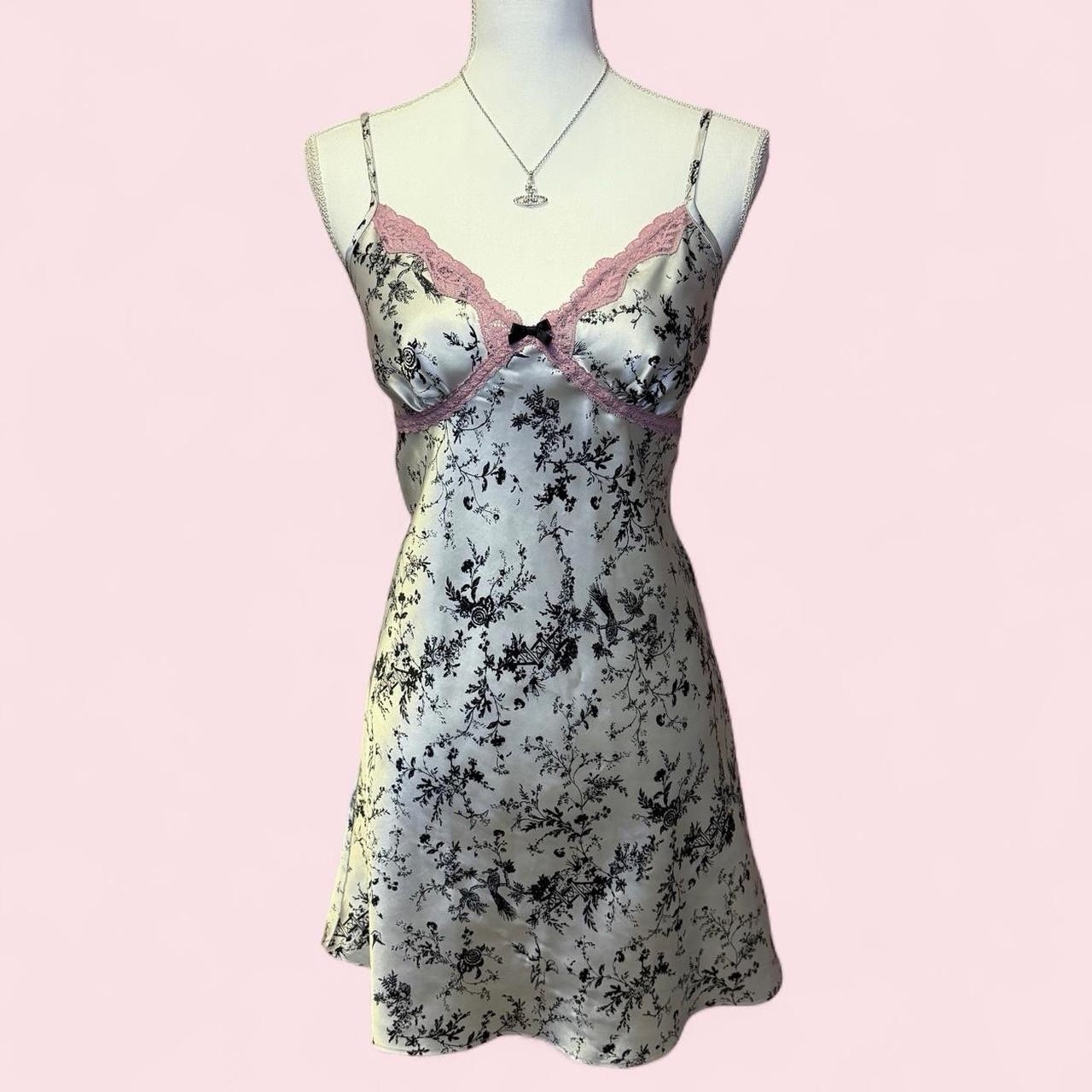 Vintage Y2K Satin Floral Pink Lace Slip Dress Size Large