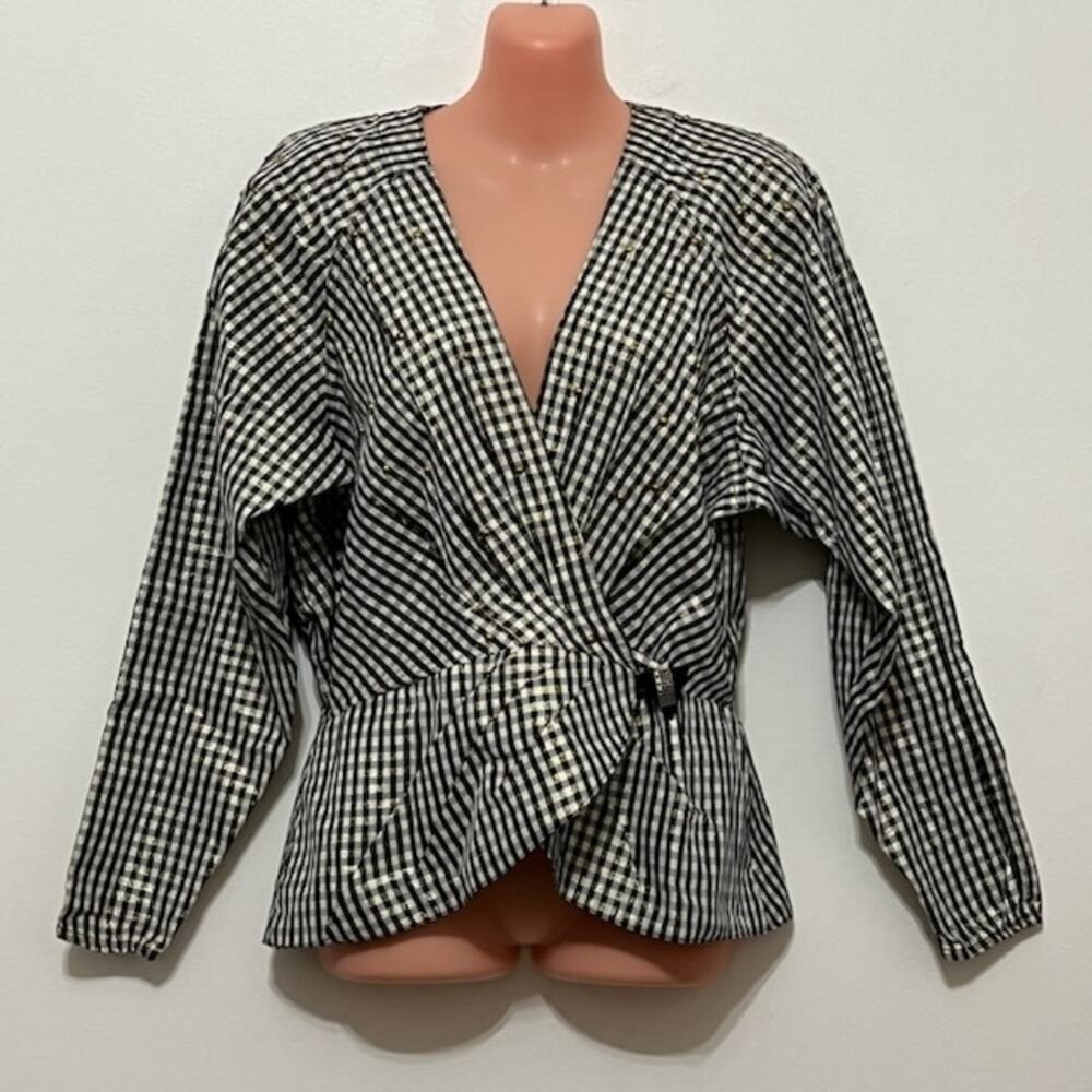 Vintage Opal Hot Property Gingham Metallic Gold Studded Wrap Blouse Small USA