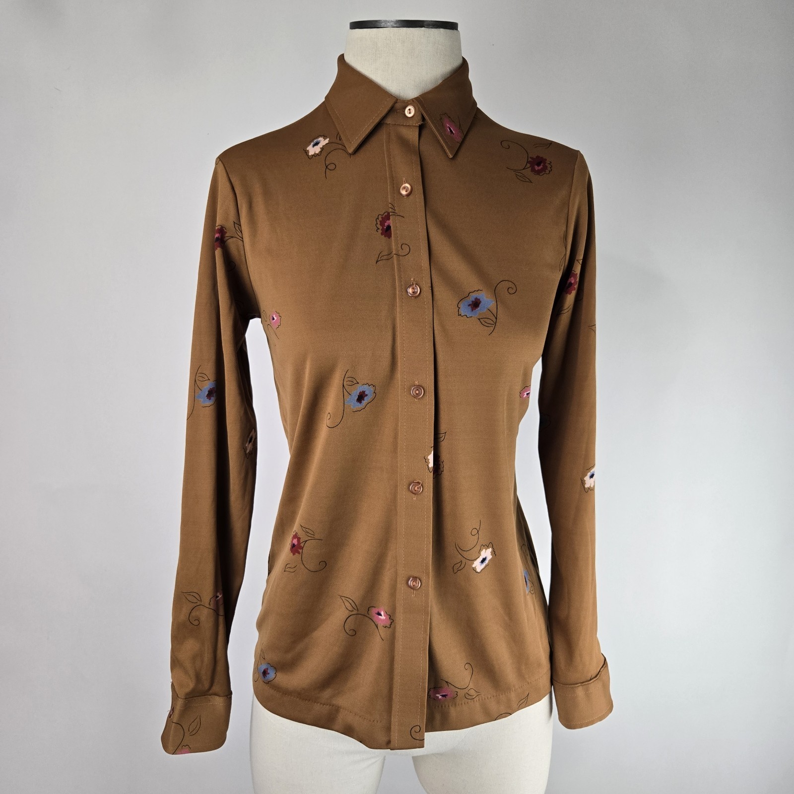 Vintage 70’s Ladies Sears Brand Brown Floral Print Polyester Blouse VTG Sz 12