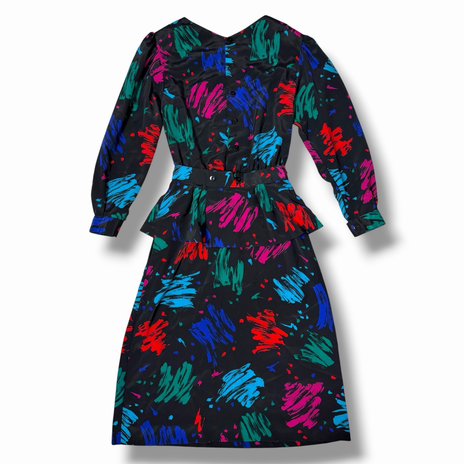 Vintage 80s LANZ Abstract Brushstroke Midi Dress Belted Peplum Pockets Small ?