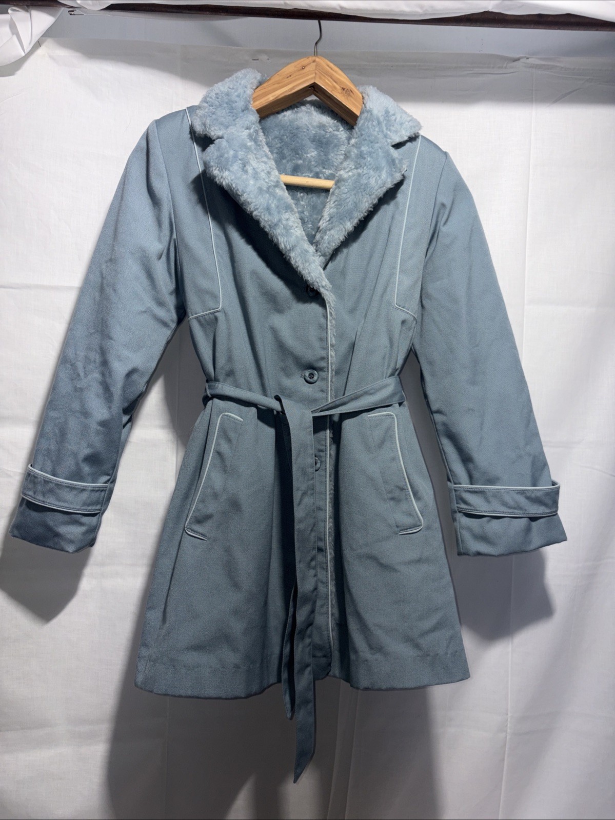 VINTAGE 60s 70s BONDERS All Season FUR LINED BLUE MIDI PRINCESS COAT With Belt