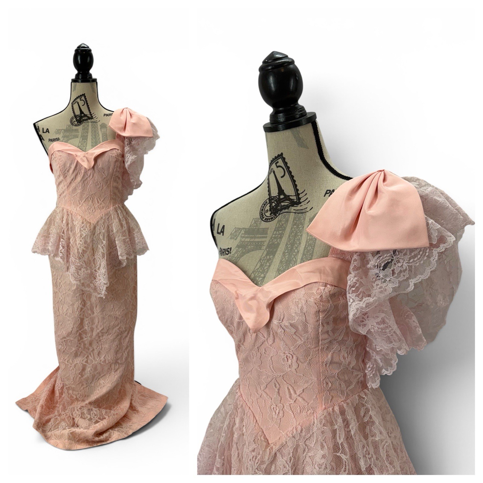 Vintage 80s Pink Lace One Shoulder Prom Gown Peplum David Howard Climax XS