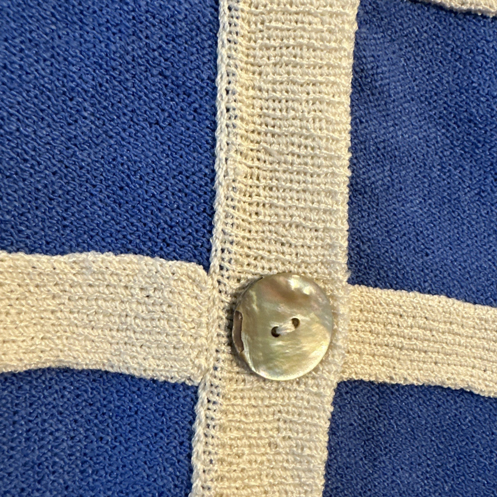 ANNE PEDERSEN VTG 80s Women’s M Blue Cardigan w/Tan Trim MOP Buttons