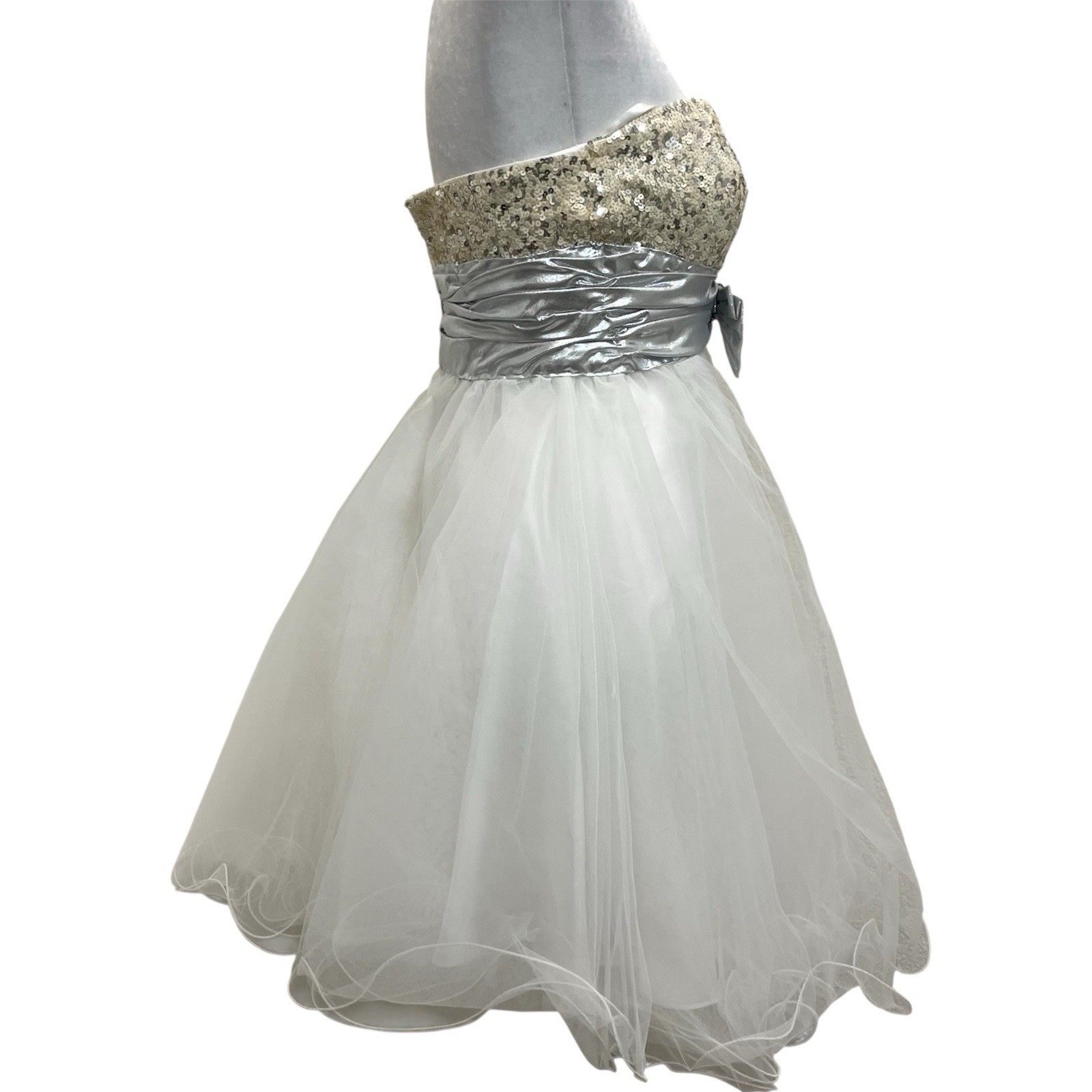Aspeed Vintage 90s White & Silver Sequin Strapless Tulle Formal Prom Dress sz XS