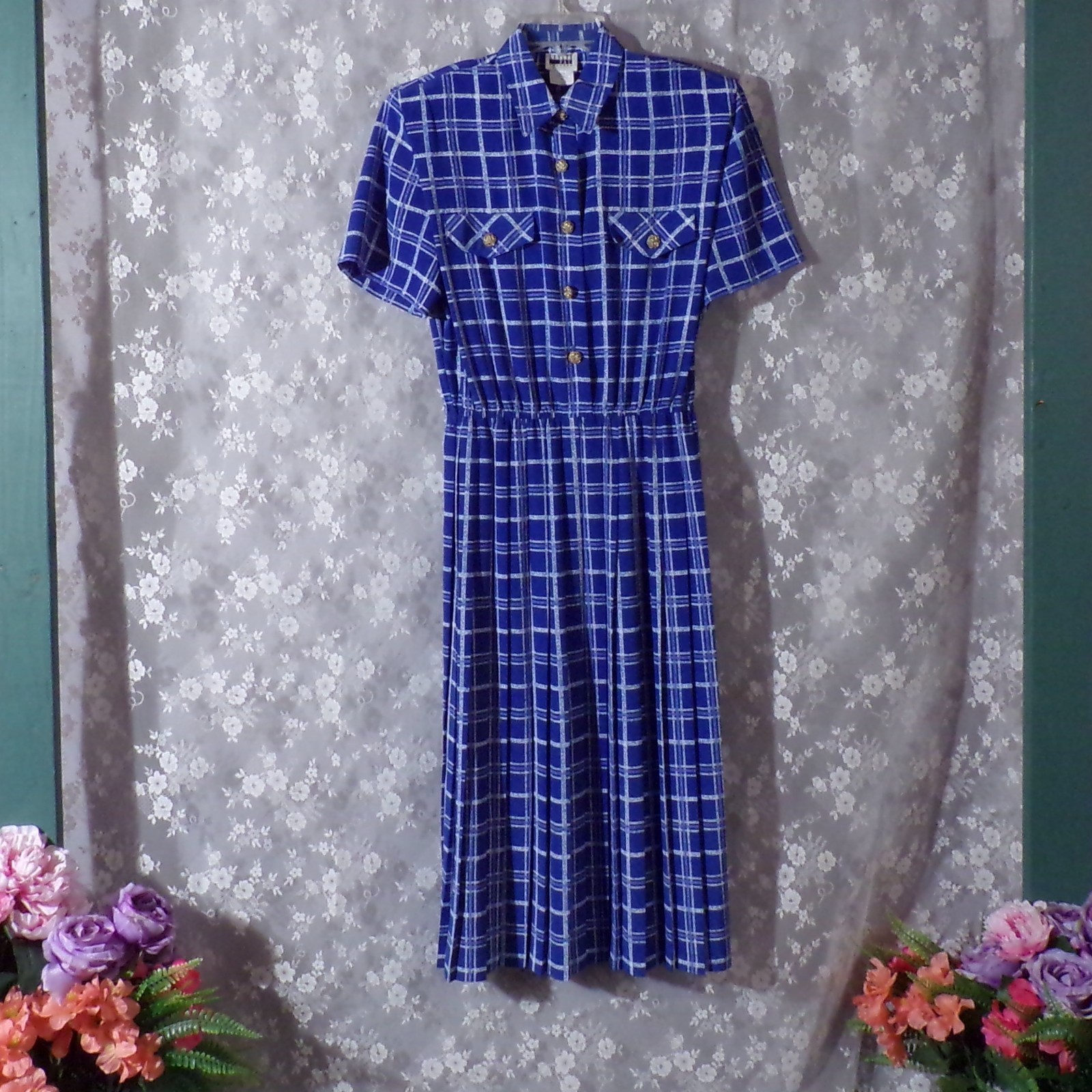 Vintage Blue Plaid Dress Size Large 90s Retro Secretary Academia Twee Preppy