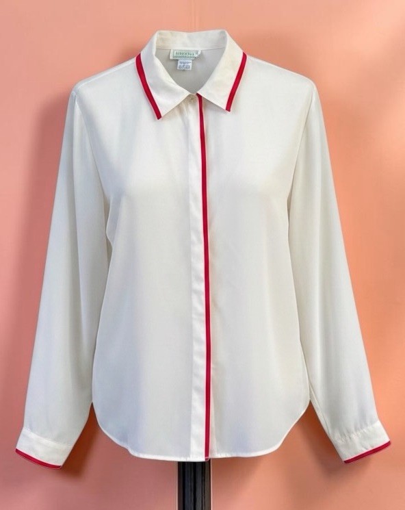 Vintage 80s Cream & Red Piping sheer Oversized Blouse Preppy Office Chic Sz 18