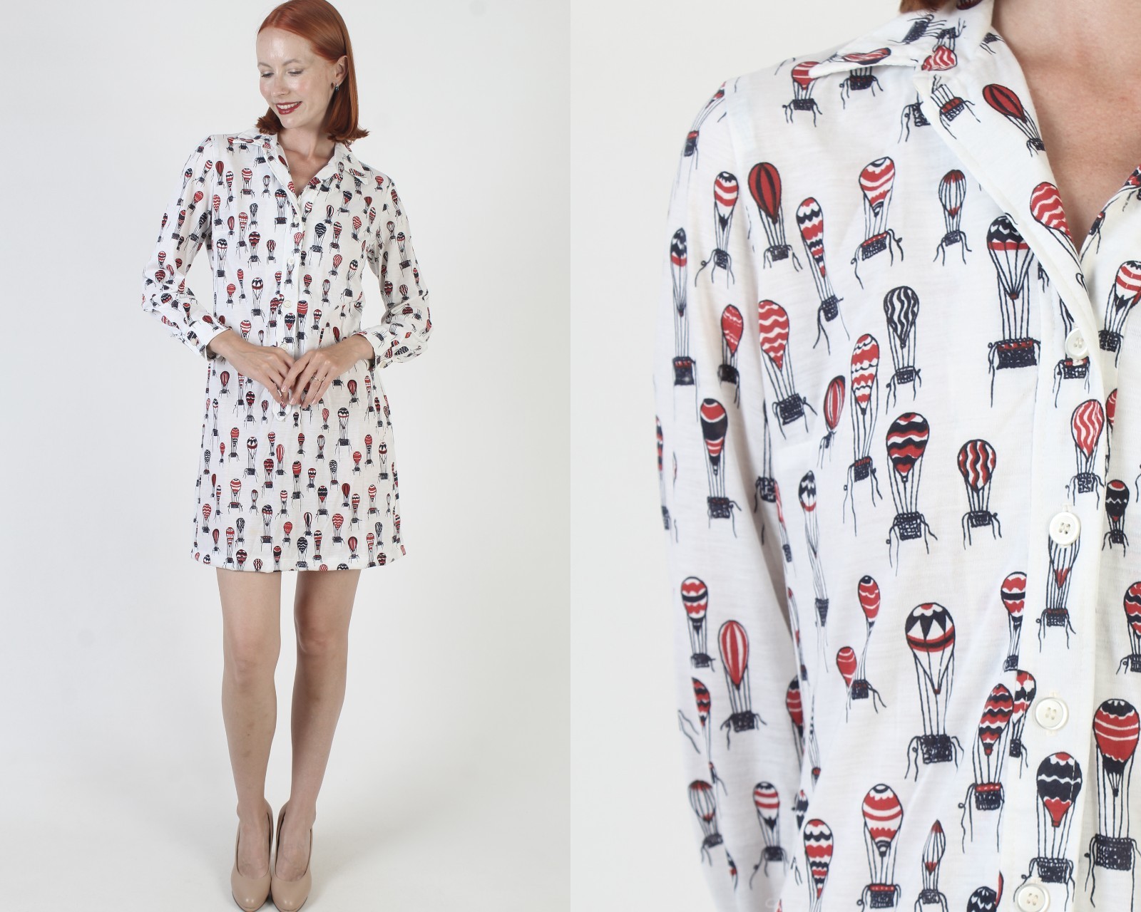 Vtg Hot Air Balloon Shirt Dress Dagger Collar Button Up Novelty Print Sundress