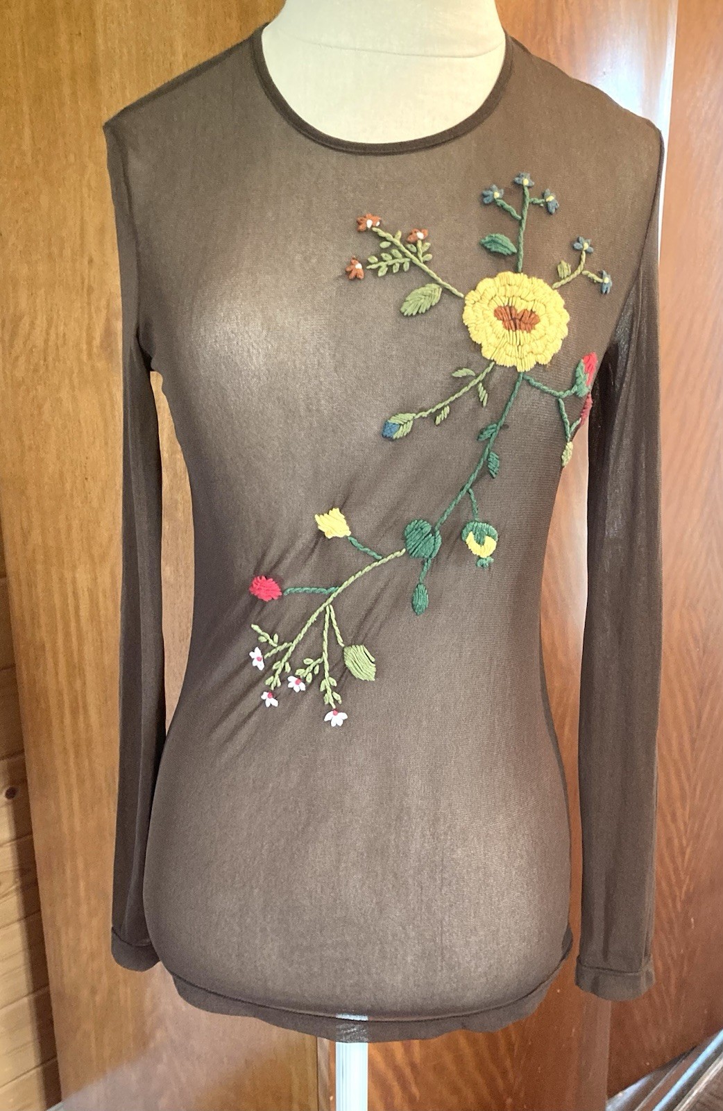 Vintage 1990s Vivienne Tam mesh top brown w needlepoint flowers long sleeve