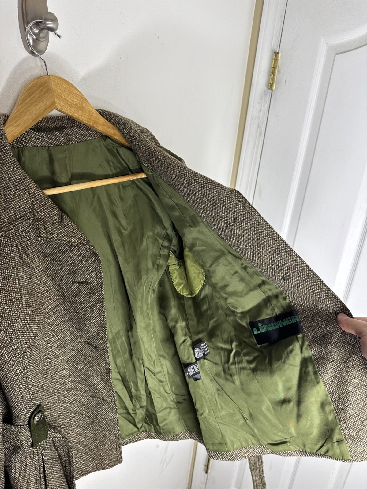 Vintage Lindner Women M Tweed Wool Jacket Green Suede Trim Equestrian 70s German
